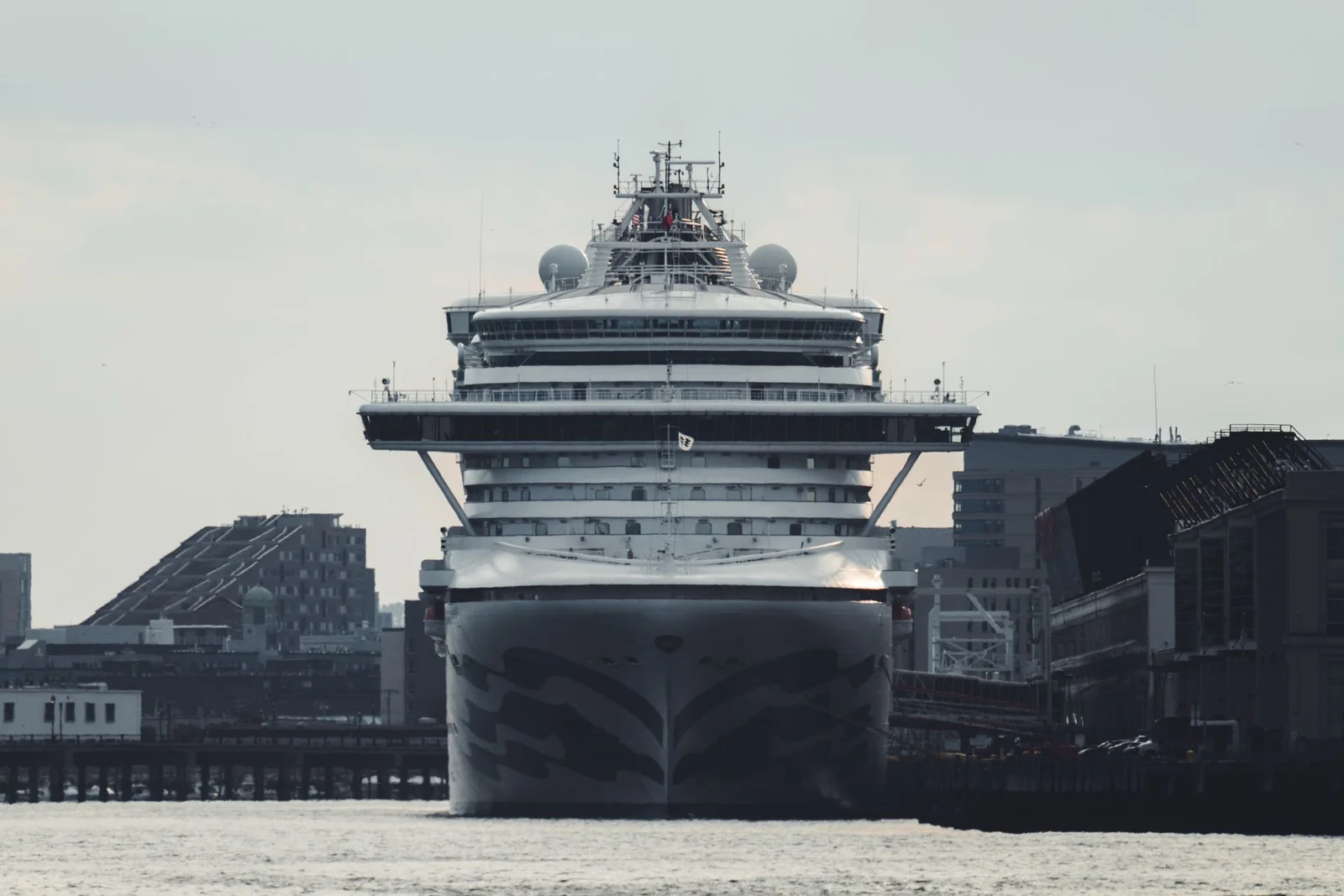Cruise ship docked at an urban harbor