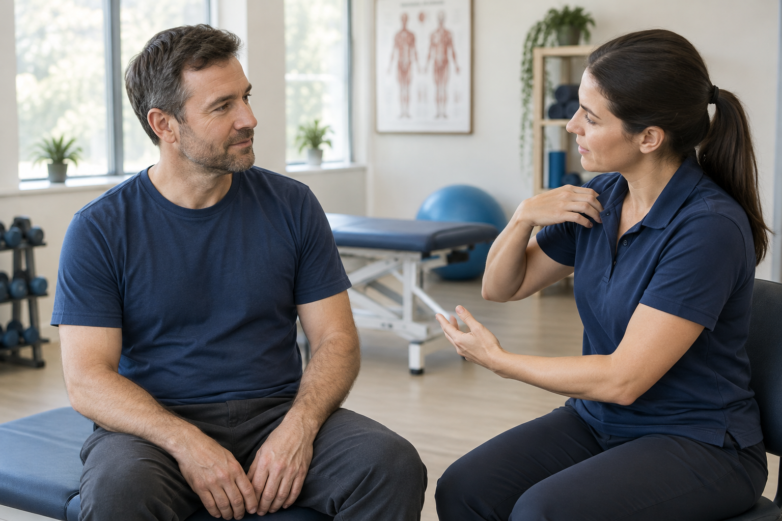 Illustrative worker and therapist discussing shoulder movement