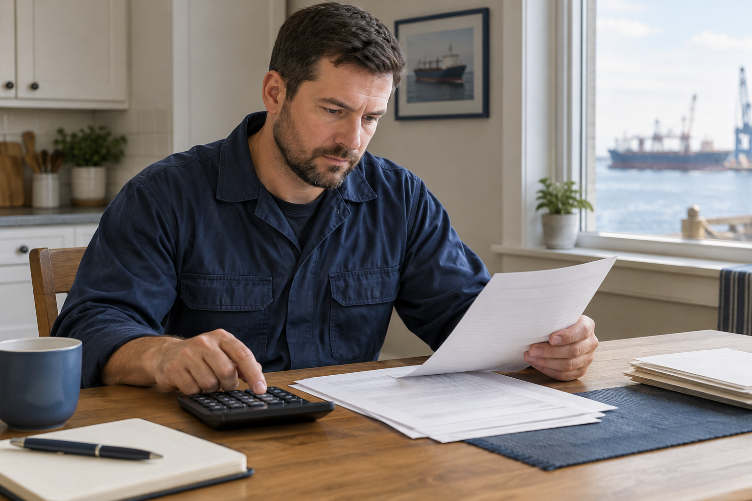 Illustrative maritime worker reviewing paperwork at a kitchen table