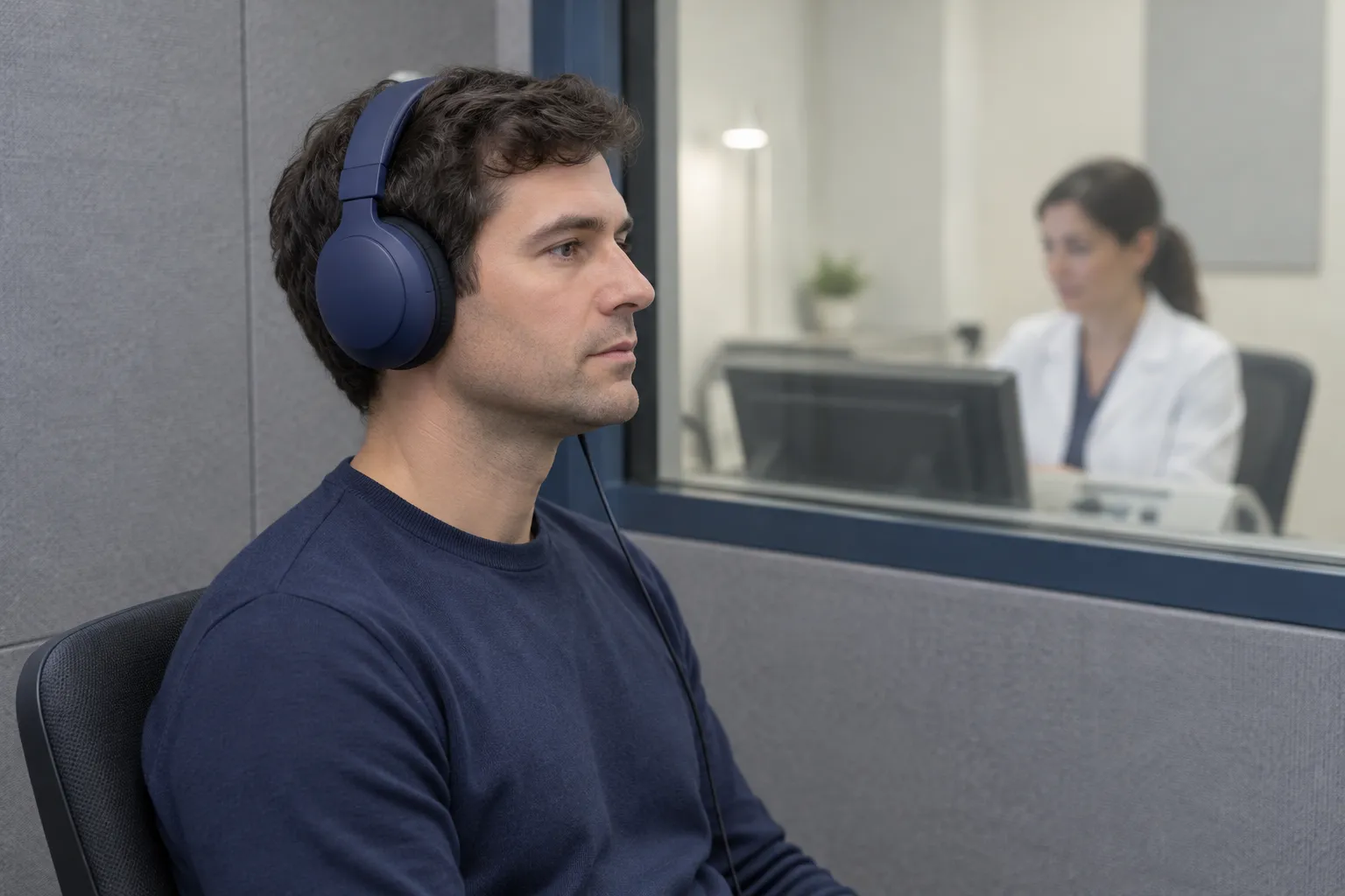 Illustrative worker in an audiometry examination room
