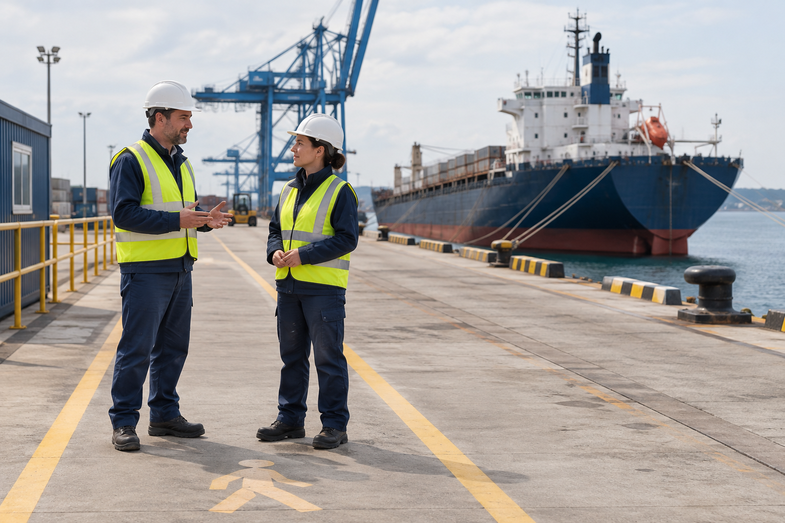 Illustrative dock workers discussing work in a port pedestrian area
