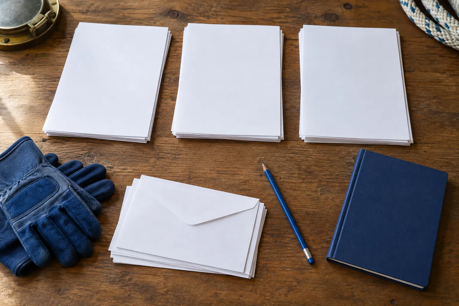 Illustrative blank work records, envelopes, gloves and notebook on a desk